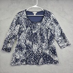 Christopher Banks Top Womens L Blue White Lace Trim Mesh Overlay Abstract Boho‎